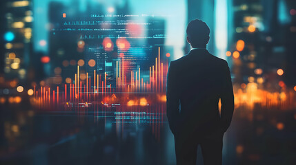 3D Silhouette of Businessman Observing Rising Arrow Graph - Abstract Image of Business Growth Success with Soft Bokeh Background for Financial Advertisements