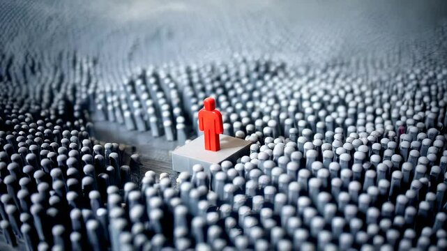 A single red figure stands out from a sea of grey figures. This powerful image symbolizes the importance of individuality and standing out from the crowd.