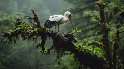 stork perched on moss covered branch in lush, green forest during rain, creating serene and tranquil atmosphere © Not_nutthapong