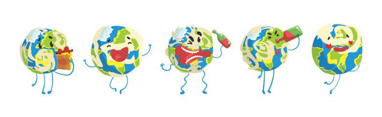 Funny Earth Planet Character with Face and Arm Vector Set
