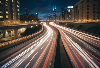 Fototapeta premium Long exposure of a busy highway at night with blurred car lights creating a swirling pattern
