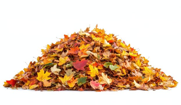 An autumn leaf pile isolated on white background. A pile of different maple leaves. Shades of red and orange during fall.