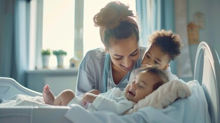 Obraz premium A woman is holding a baby and a toddler on a bed