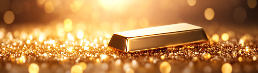 A gold bar is on a table with a lot of glitter. The gold bar is shiny and the glitter is sparkling