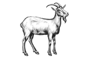 Obraz premium Goat. Vintage retro print, black white goat sketch ink pencil style drawing, engrave old school. Sketch artwork silhouette goat, white background. Side view profile. Illustration