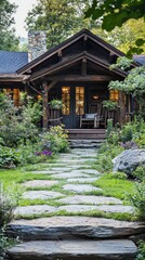 Fototapeta premium Charming cottage surrounded by lush greenery and a stone path leading to the inviting entrance, perfect for serene escapes.