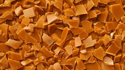 a close-up, top-down view of chopped caramel chocolate spread across the entire frame, filling the image with its golden-brown color and smooth texture in irregular pieces