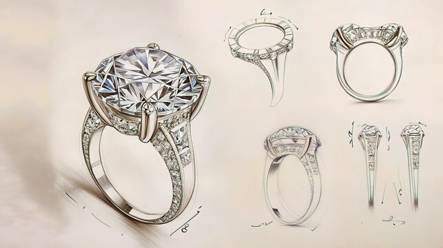 Drawing a technical sketch of a jewelry ring with a large diamond.