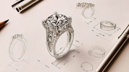 Drawing a technical sketch of a jewelry ring with a large diamond.