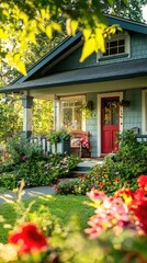 Charming house with a welcoming porch surrounded by vibrant flowers, showcasing the beauty of outdoor living.