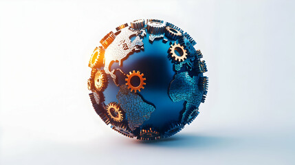 3D Globe and Gears Icon on White Background: Symbolizing Global Teamwork and Responsibility in Business Leadership - Vector Illustration for International Infographics
