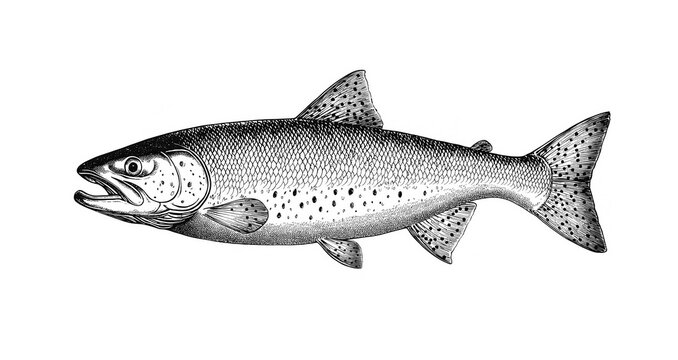 recommend clip art: Fish sketch salmon trout. Vintage retro print, black white salmon trout fish sketch ink pencil style drawing, linear drawing, engrave old school. Sketch artwork salmon trout fish. Illustration