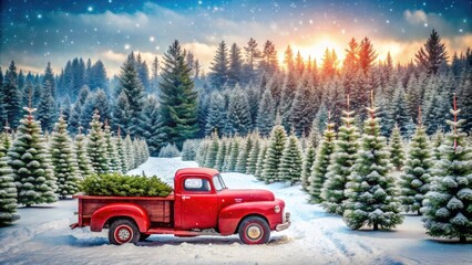 A red truck parked in a snowy Christmas tree farm, surrounded by rows of pine trees and a sunset sky.