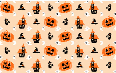 Happy Halloween holiday pattern background. Set element halloween, Ghost, Bat, with cartoon style illustration