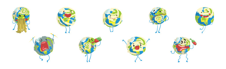 Funny Earth Planet Character with Face and Arm Vector Set