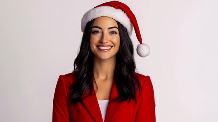Woman in her 30s with long dark hair, dressed like Santa Claus, smiling warmly with green eyes.