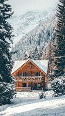 Fototapeta premium Charming wooden cabin nestled in snow-covered landscape, surrounded by tall evergreen trees and majestic mountains in the background.