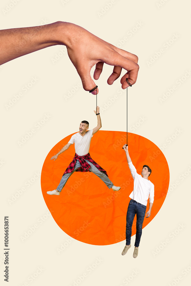 Aufkleber vertical composite artwork collage image picture of arm hold strings mini guys isolated on creative 
