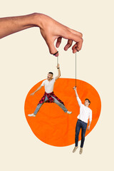 Vertical composite artwork collage image picture of arm hold strings mini guys isolated on creative...