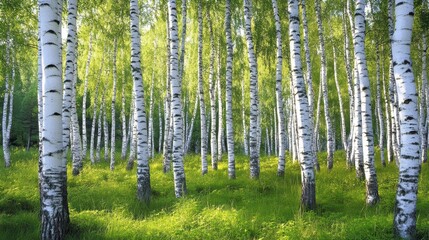Obraz premium Tranquil Birch Grove Surrounded by Lush Greenery