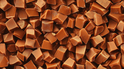 a close-up, top-down view of diced caramel chocolate spread across the entire frame, filling the image with its golden-brown color and smooth texture in irregular pieces