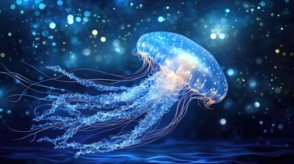A surreal underwater scene of a white jellyfish glowing with bioluminescence as it floats in the deep blue ocean, its delicate tentacles trailing behind.