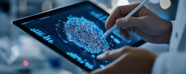 Doctor using a digital tablet with interactive 3D organ models for patient consultations, medical education, health technology