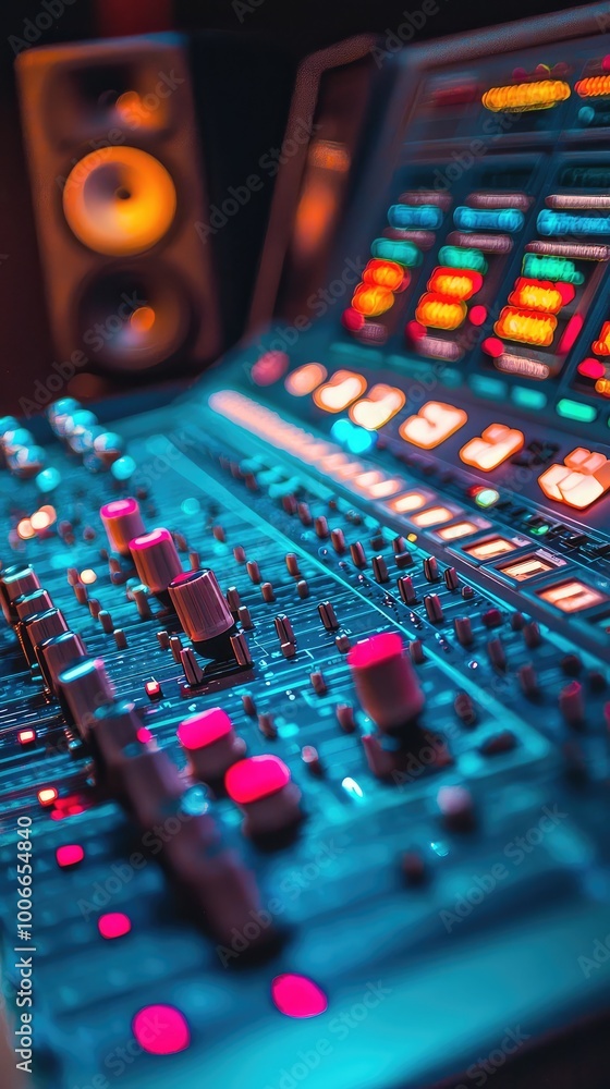 Poster close-up of a colorful sound mixer with illuminated buttons and knobs, showcasing a modern audio pro