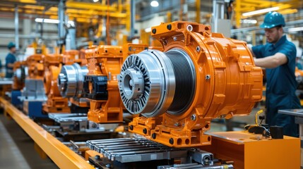 Fototapeta premium Close-up of industrial machinery assembly showcasing orange components in a factory setting, emphasizing precision and efficiency.