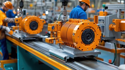 Fototapeta premium Modern factory scene featuring orange electric motors on a production line with workers in safety gear.