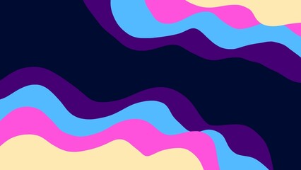 This abstract design features flowing, wavy shapes in vibrant pink, blue, purple, and yellow against a dark background, creating a dynamic and colorful visual contrast.