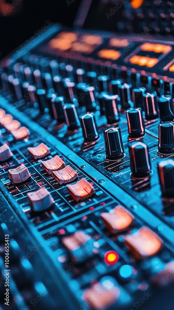 Poster close-up of a professional audio mixer with illuminated controls and buttons, showcasing modern soun