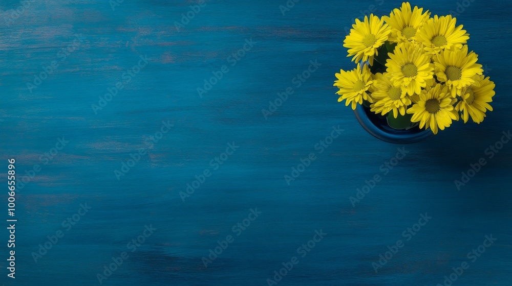 Poster a small vase overflows with vibrant yellow daisies, set on a rustic blue wooden table that enhances 
