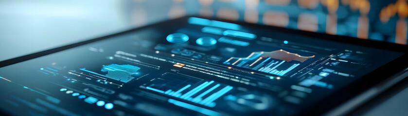 Obraz premium Close-Up of Holographic Financial Charts on Sleek Tablet � Futuristic Business Planning Visualization with Clean White Background