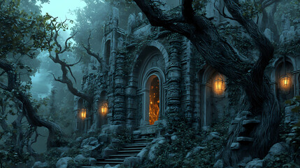 Enchanted forest ruins with twisted trees and glowing lanterns at dusk revealing remnants of an ancient civilization. Vine-Covered Ruins. Illustration