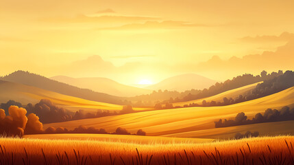 Breathtaking sunrise over tranquil countryside landscape, golden light illuminating rolling hills and meadows. Rolling Meadows. Illustration