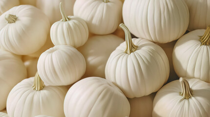 Stacks of white pumpkins arranged.