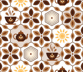 Seamless geometric pattern with icons of Black Tea, leaves, hot mug, teapot, sun in hexagonal grid. Retro simple style. For branding, decoration of food package, kitchen textile