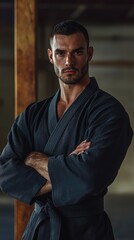 Confident martial artist posing in a traditional outfit, showcasing strength and focus in a serene dojo environment.