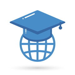 Globe with toga cap for education icon symbol. Concept for online audiobook , radio, listening to podcasts, online learning, e-books in audio format, graduation, ceremony.