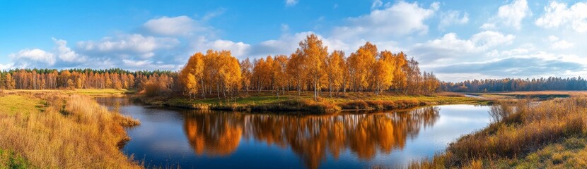 Sunny autumn day in a birch grove, with a country road next to a lake, wonderful scenery, huge panorama, horizontal banner