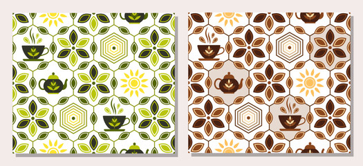 Set of geometric patterns with tea icons, leaves, hot mug, teapot, sun in hexagonal grid. Retro simple style. For branding, decoration of food package, kitchen textile