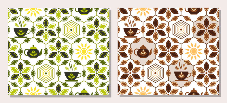 Set of geometric patterns with tea icons, leaves, hot mug, teapot, sun in hexagonal grid. Retro simple style. For branding, decoration of food package, kitchen textile