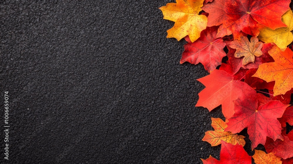 Poster the textured gravel path showcases a stunning array of red and yellow maple leaves against the dark 
