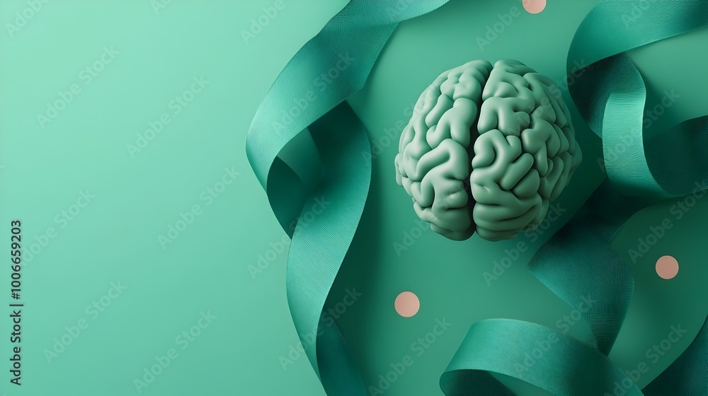 Poster green floating ribbon with abstract brain shapes in 3d