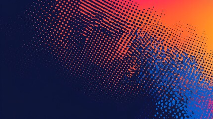 Abstract blue, orange, and red halftone pattern on a dark background.
