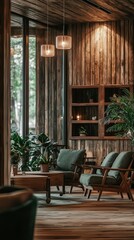 Obraz premium Cozy interior featuring wooden walls, stylish furniture, and lush plants, creating a warm and inviting atmosphere.