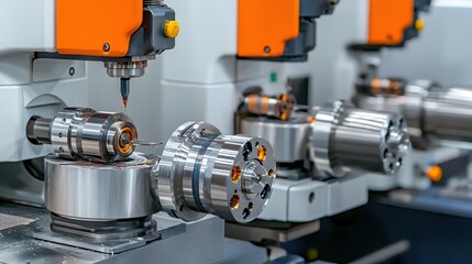 Precision machining process in a modern manufacturing workshop featuring CNC milling machines and metal components.