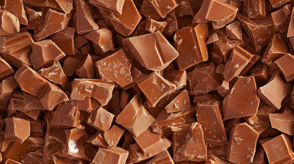 a close-up, top-down view of diced milk chocolate with nuts spread across the entire frame, filling the image with its creamy brown color and crunchy texture in irregular pieces