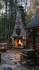 Obraz premium Cozy outdoor fireplace surrounded by stone and wood, nestled in a peaceful forest setting, perfect for relaxation and warmth.